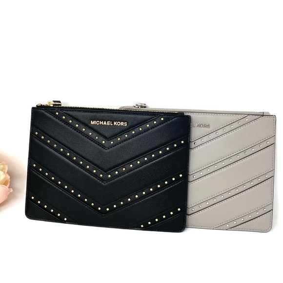 Michael Kors Ellis Clutch Leather Black Gold W - Picture 2 of 7